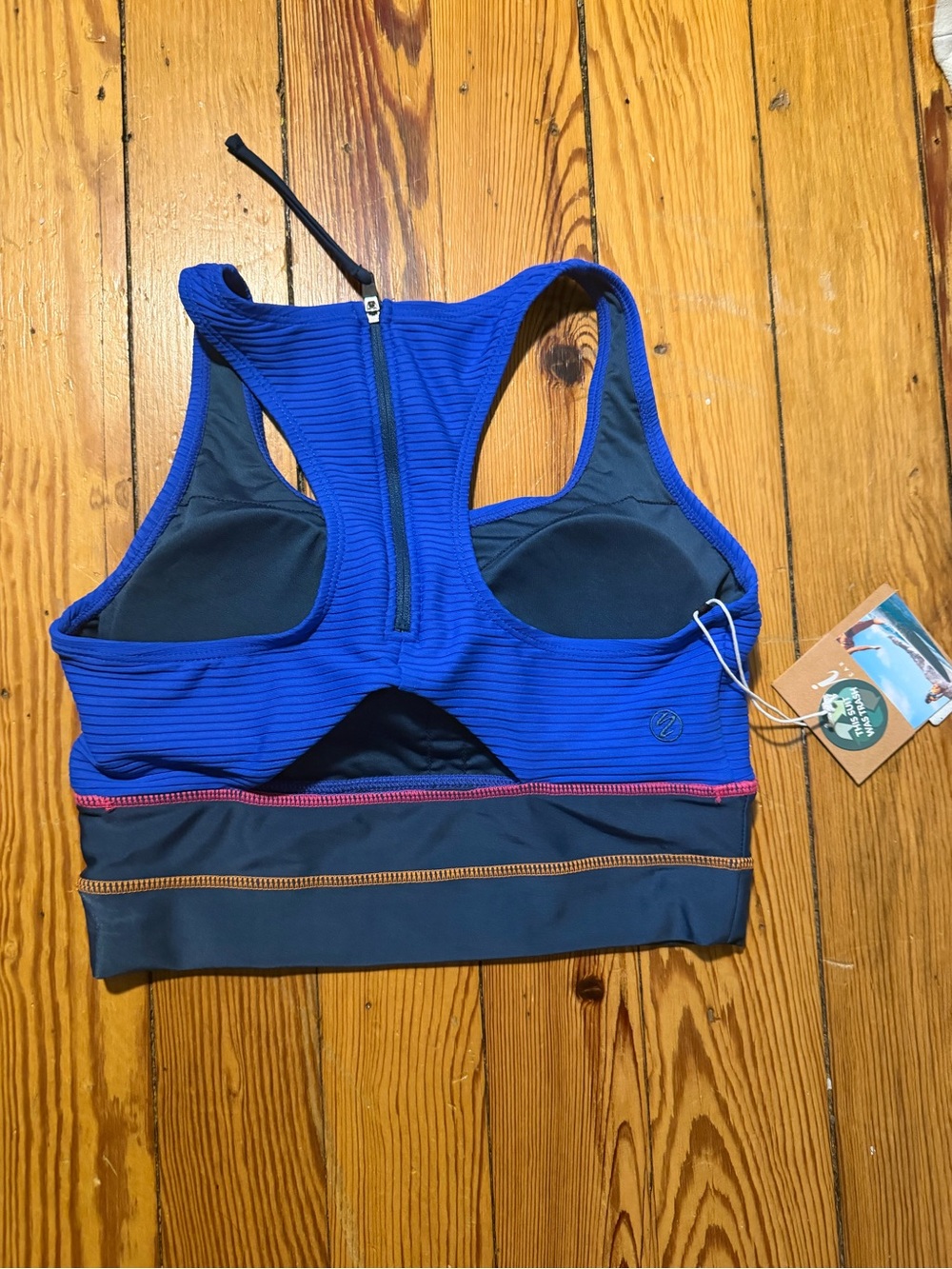 Blue Ribbed Racerback Swim Bikini Top with Contrast Stripes - Picture 2 of 3